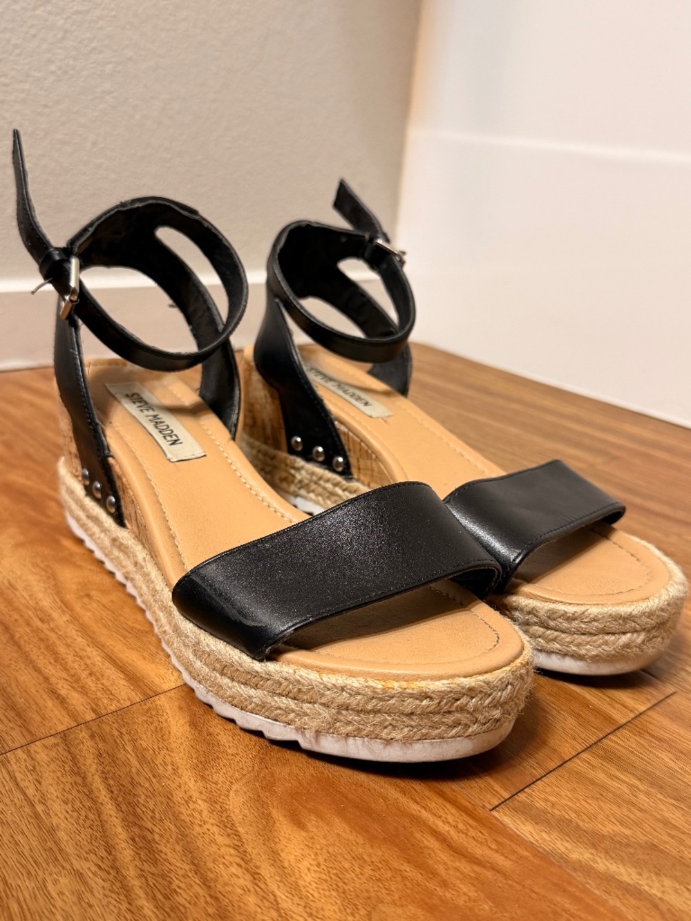 Steve Madden Black Leather Espadrille Wedge Sandals Size 8M